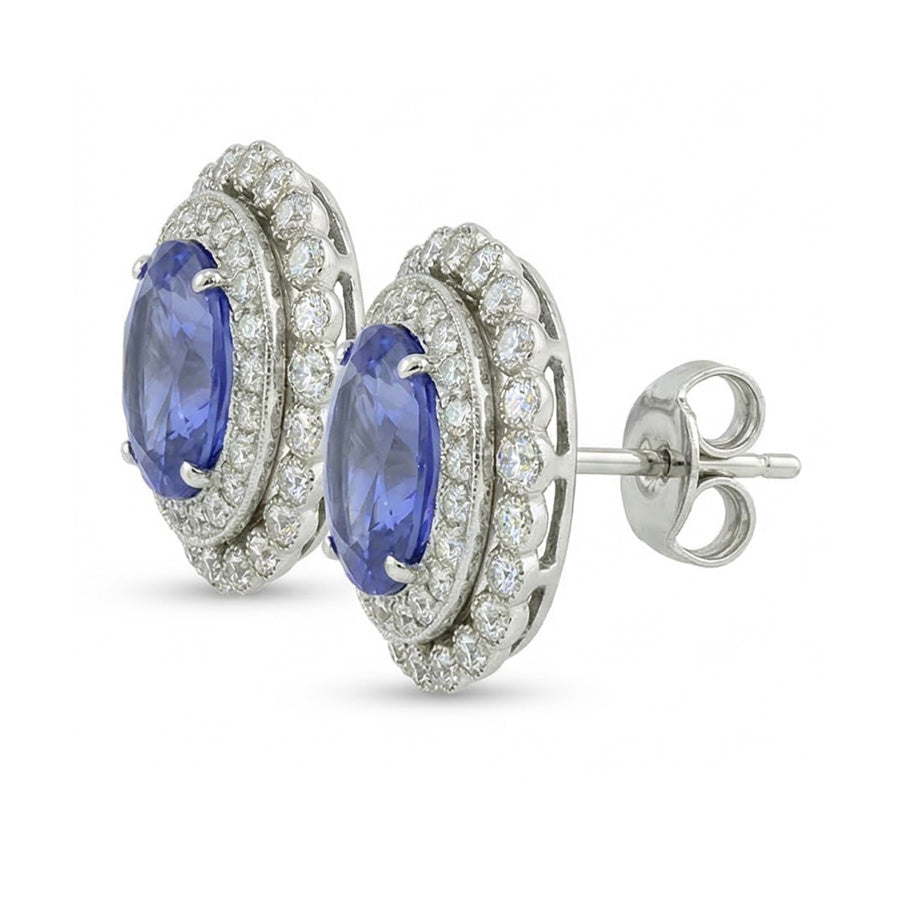 Ceylon Color Sapphire Round Oval IGI CERTIFIED Diamond Halo Stud Earrings 5.50 Ct. WG 14K