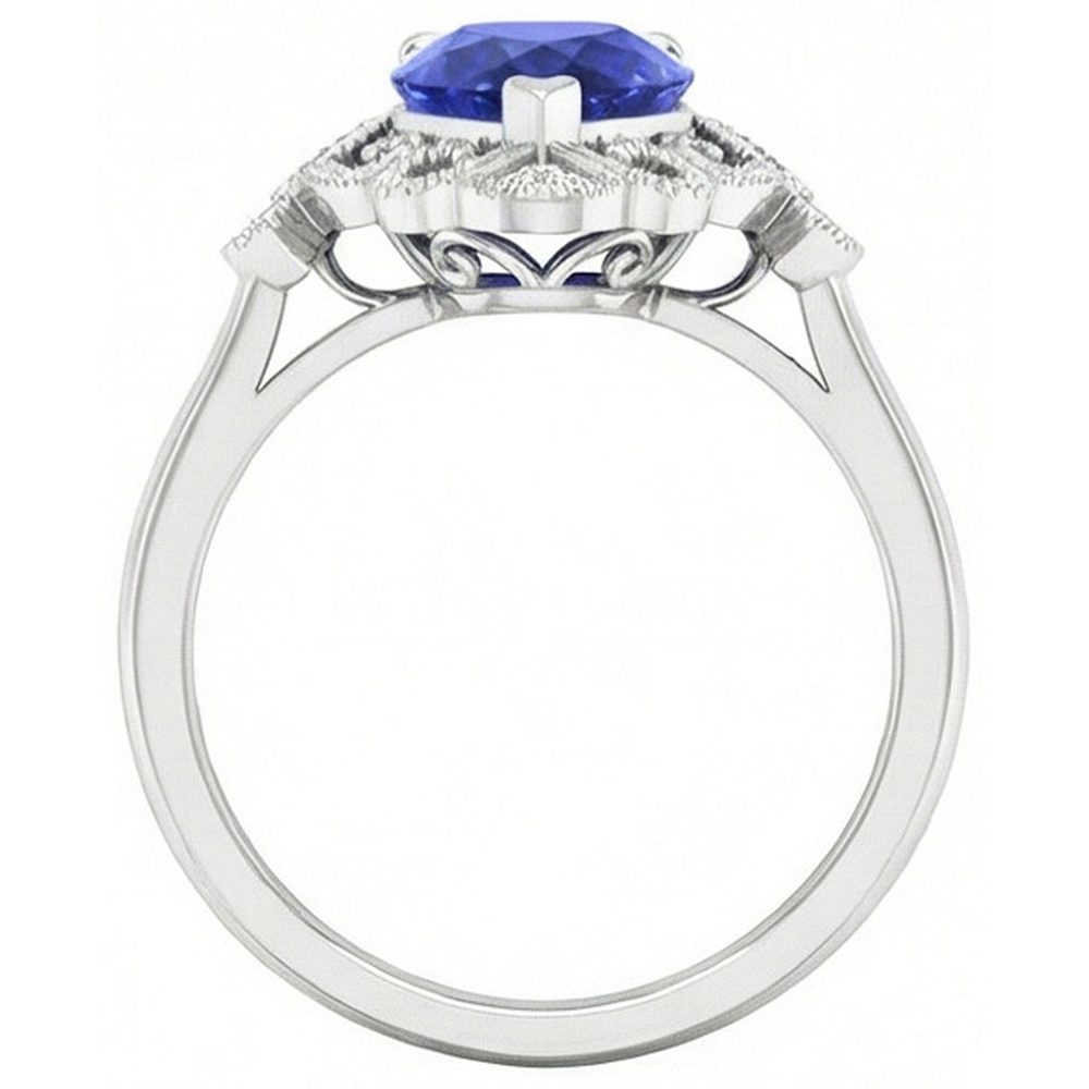Natural Real ( Not Lab Grown )  Ceylon Pear Sapphire Ring 2.25 Carats Milgrain Shank Diamonds