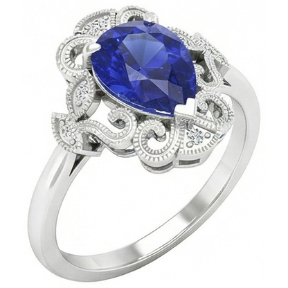 Natural Real ( Not Lab Grown )  Ceylon Pear Sapphire Ring 2.25 Carats Milgrain Shank Diamonds