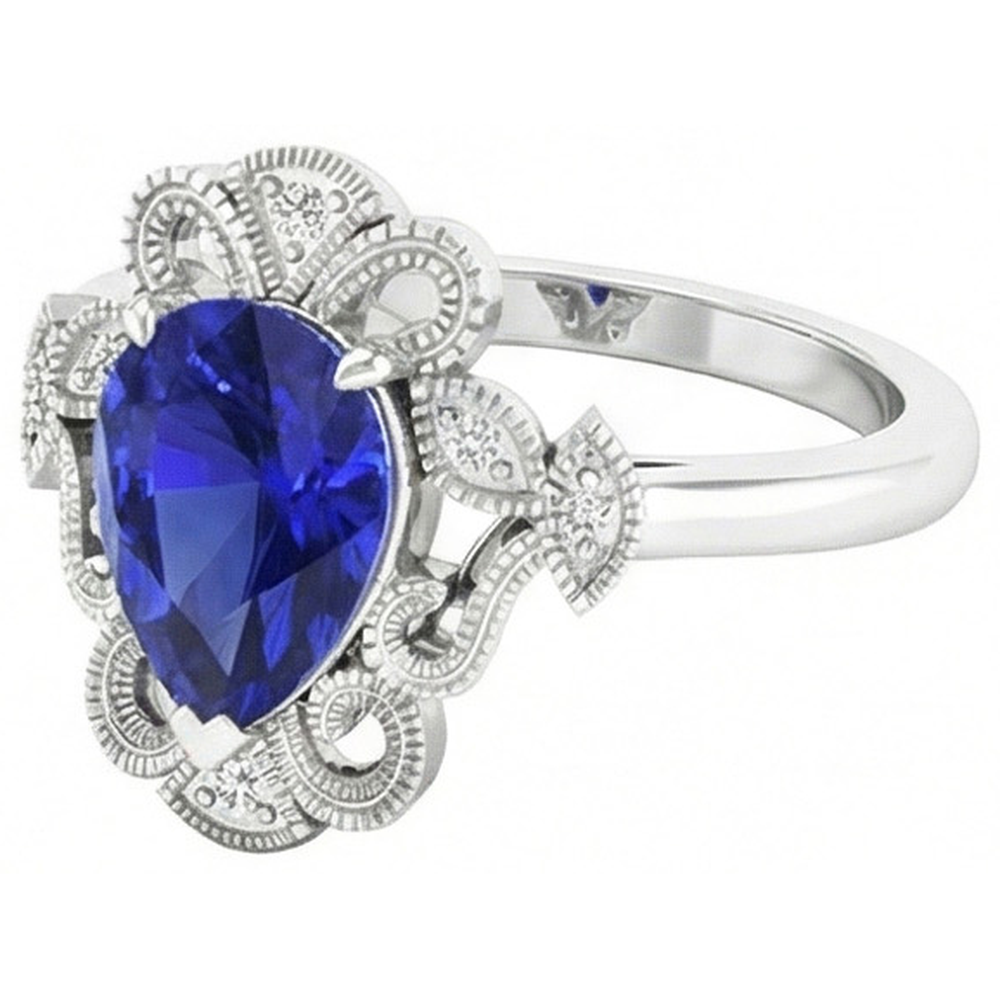 Natural Real ( Not Lab Grown )  Ceylon Pear Sapphire Ring 2.25 Carats Milgrain Shank Diamonds