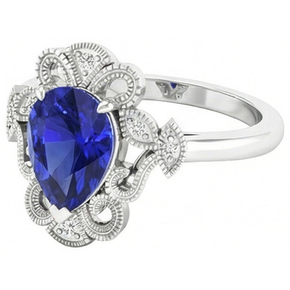Natural Real ( Not Lab Grown )  Ceylon Pear Sapphire Ring 2.25 Carats Milgrain Shank Diamonds