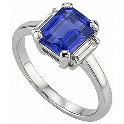 Natural Real ( Not Lab Grown )  Ceylon Sapphire 3 Stone Emerald Shaped & Baguette Ring 2.50 Carats