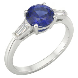 Ceylon Sapphire 3 Stone Ring 2.50 Carats Bar Set Baguette Natural Earth Mined Diamonds
