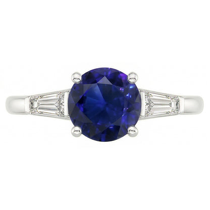 Ceylon Sapphire 3 Stone Ring 2.50 Carats Bar Set Baguette Natural Earth Mined Diamonds