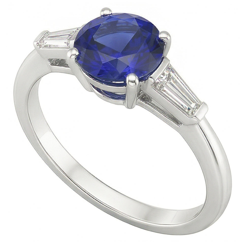 Ceylon Sapphire 3 Stone Ring 2.50 Carats Bar Set Baguette Natural Earth Mined Diamonds
