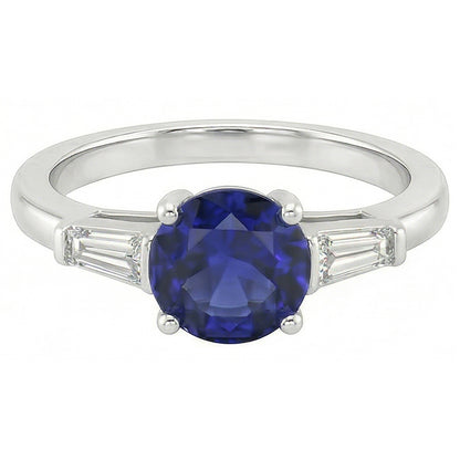 Ceylon Sapphire 3 Stone Ring 2.50 Carats Bar Set Baguette Natural Earth Mined Diamonds