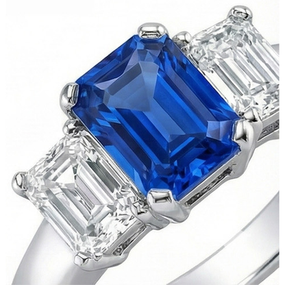 Ceylon Sapphire 3 Stone Ring Radiant & Emerald Natural Earth Mined Diamonds 2.50 Carats