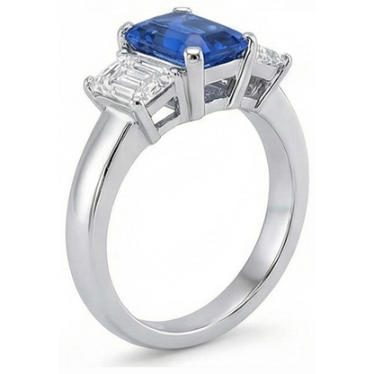 Ceylon Sapphire 3 Stone Ring Radiant & Emerald Natural Earth Mined Diamonds 2.50 Carats