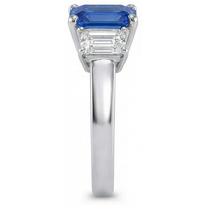 Ceylon Sapphire 3 Stone Ring Radiant & Emerald Natural Earth Mined Diamonds 2.50 Carats