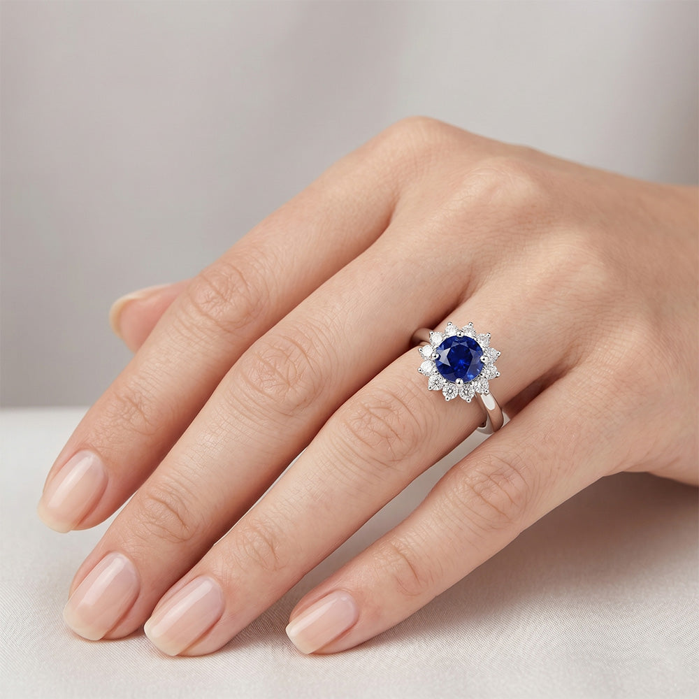 Ceylon Sapphire And Natural Earth Mined Diamonds 2.20 Carats Ring White Gold 14K