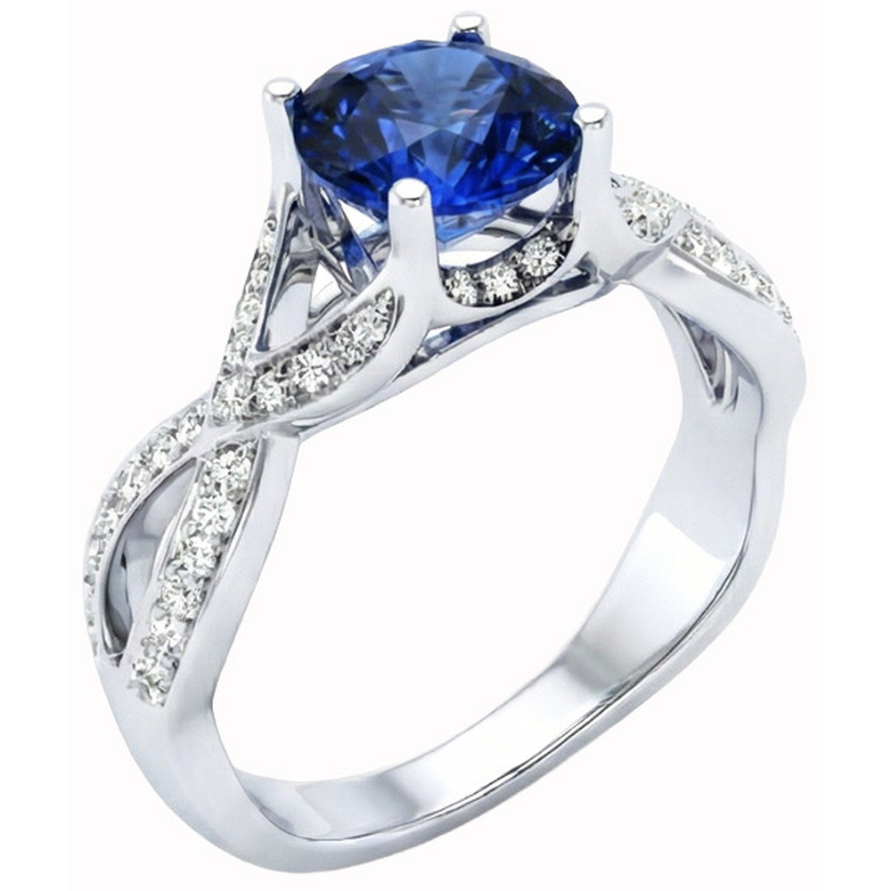 Ceylon Sapphire And Round Natural Earth Mined Diamonds 3 Ct Ring White Gold 14K