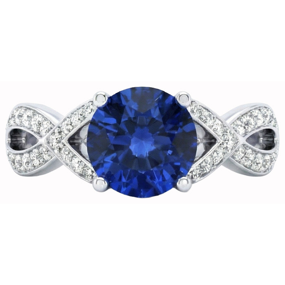 Ceylon Sapphire And Round Natural Earth Mined Diamonds 3 Ct Ring White Gold 14K