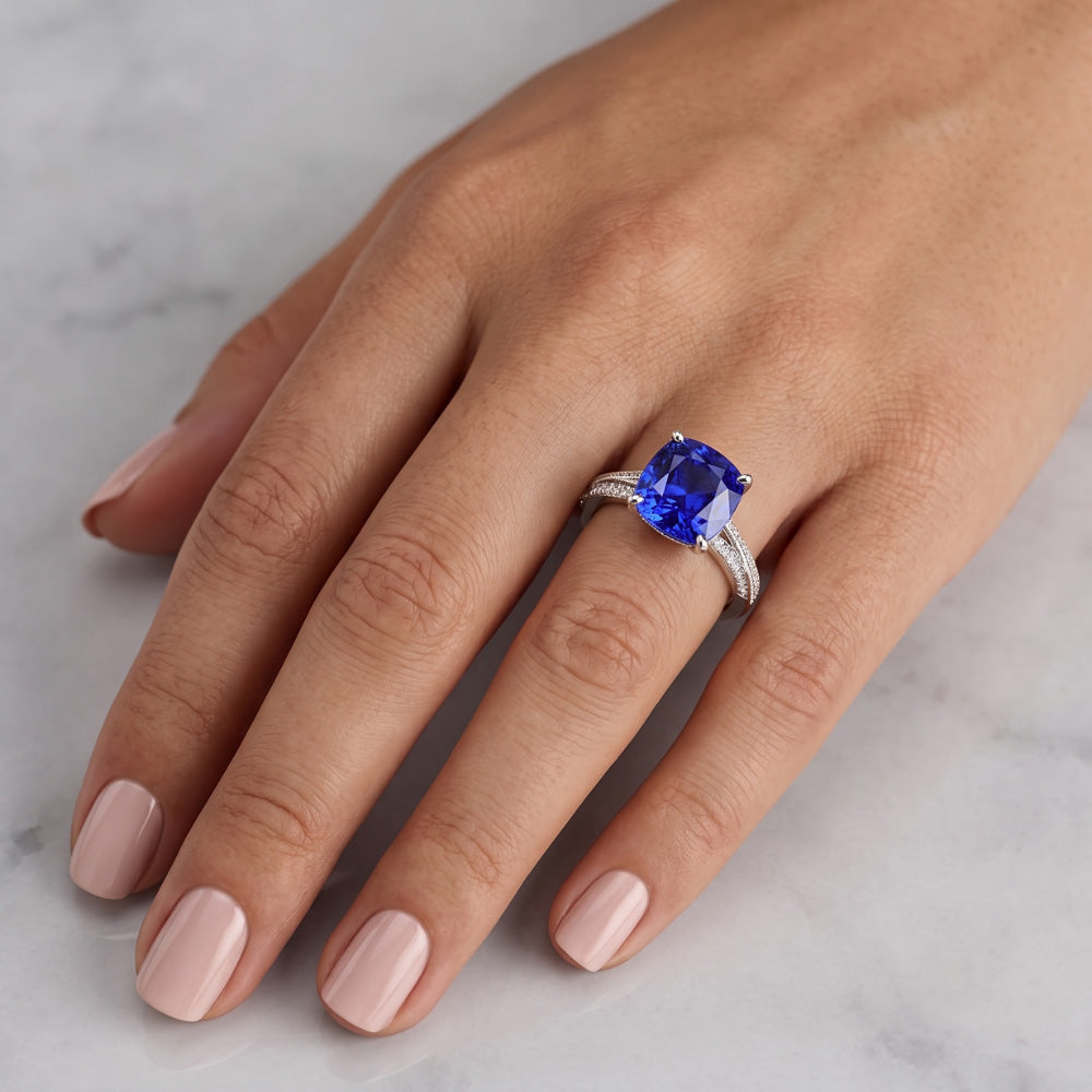 Ceylon Sapphire Gemstone Ring Double Pave Natural Earth Mined Diamonds 3 Carats