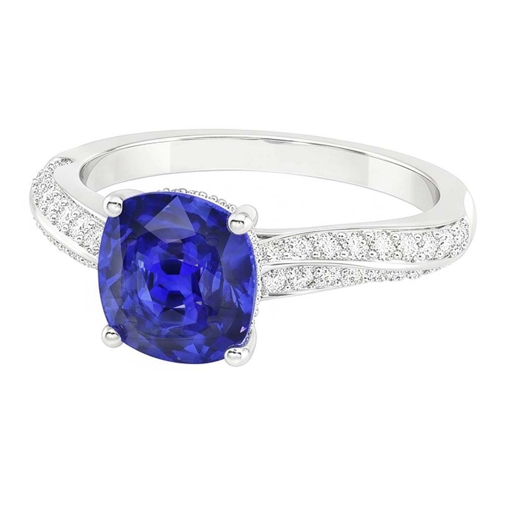 Ceylon Sapphire Gemstone Ring Double Pave Natural Earth Mined Diamonds 3 Carats