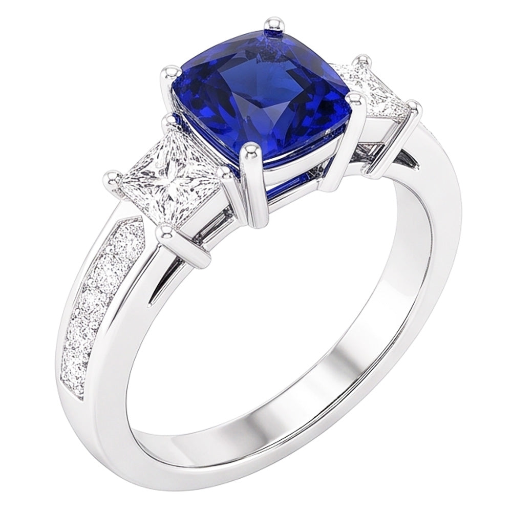 Ceylon Sapphire Gemstone Ring Princess & Round Natural Earth Mined Diamonds 2.50 Carats