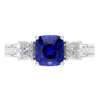 Ceylon Sapphire Gemstone Ring Princess & Round Natural Earth Mined Diamonds 2.50 Carats