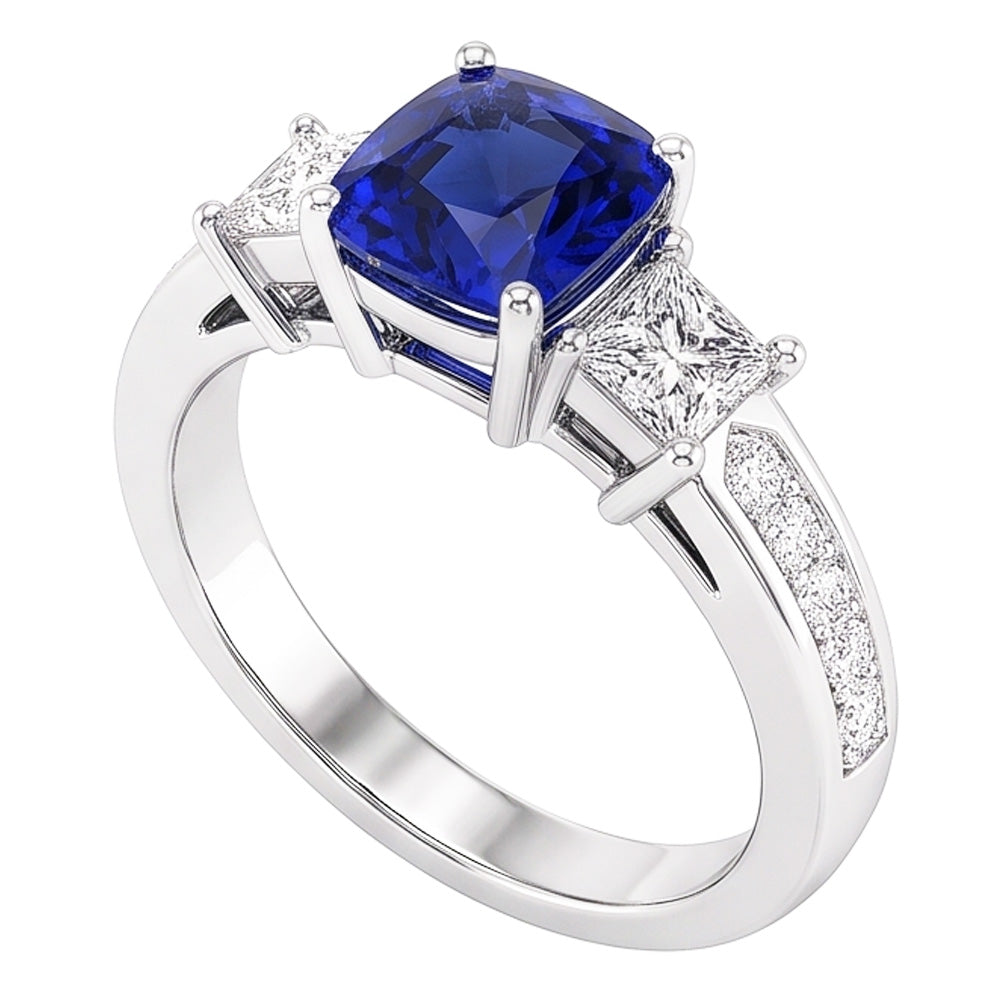 Ceylon Sapphire Gemstone Ring Princess & Round Natural Earth Mined Diamonds 2.50 Carats