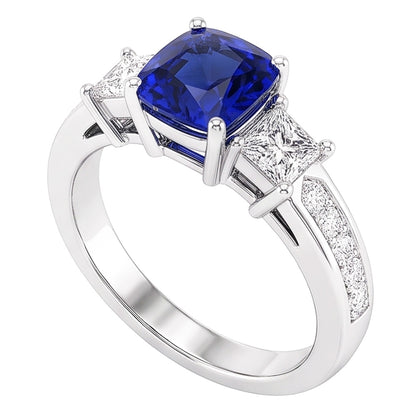 Ceylon Sapphire Gemstone Ring Princess & Round Natural Earth Mined Diamonds 2.50 Carats
