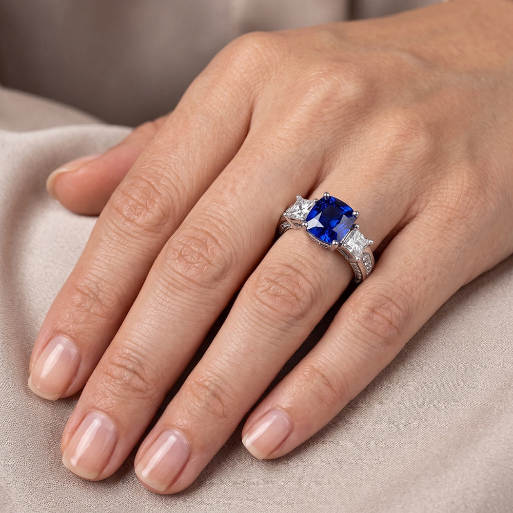 Ceylon Sapphire Gemstone Ring Princess & Round Natural Earth Mined Diamonds 2.50 Carats