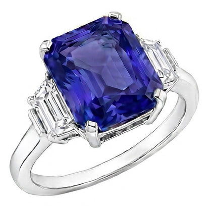Ceylon Sapphire Gemstone Ring Trapezoid Natural Earth Mined Diamonds 4 Carat Gold 3 Stone