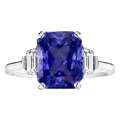 Ceylon Sapphire Gemstone Ring Trapezoid Natural Earth Mined Diamonds 4 Carat Gold 3 Stone