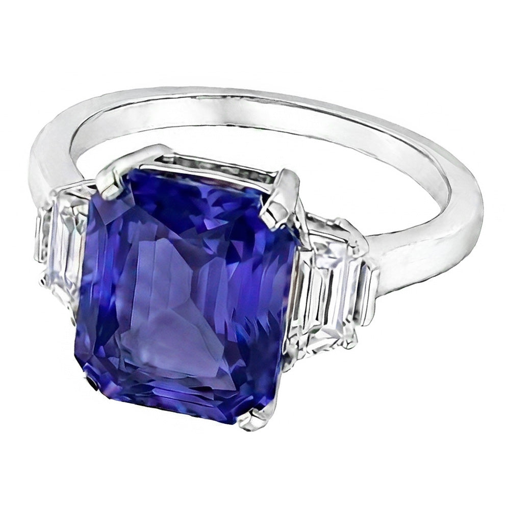 Ceylon Sapphire Gemstone Ring Trapezoid Natural Earth Mined Diamonds 4 Carat Gold 3 Stone