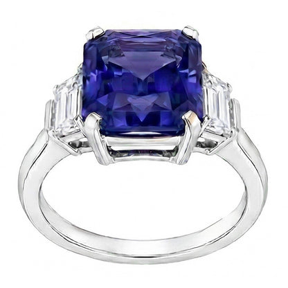 Ceylon Sapphire Gemstone Ring Trapezoid Natural Earth Mined Diamonds 4 Carat Gold 3 Stone