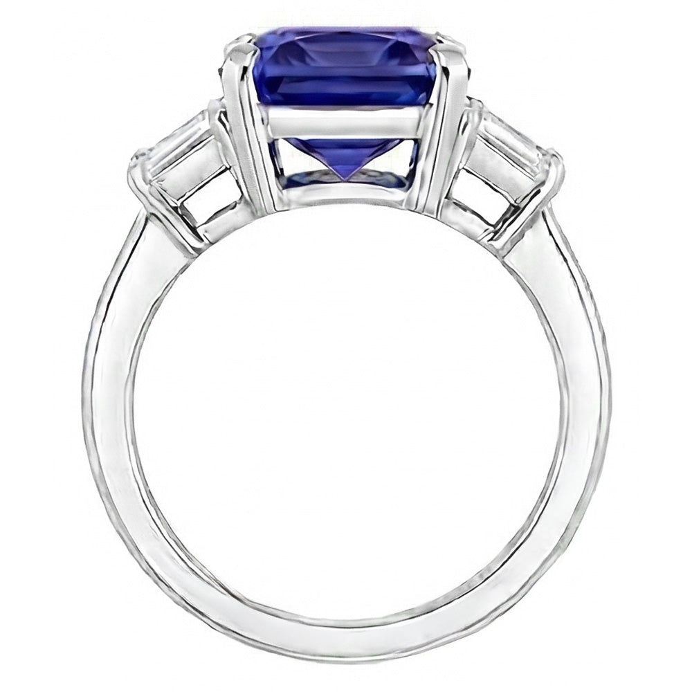 Ceylon Sapphire Gemstone Ring Trapezoid Natural Earth Mined Diamonds 4 Carat Gold 3 Stone