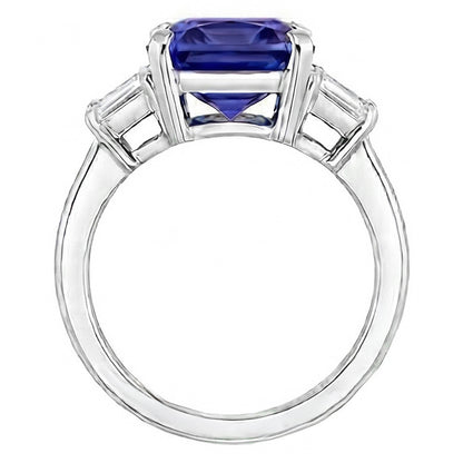 Ceylon Sapphire Gemstone Ring Trapezoid Natural Earth Mined Diamonds 4 Carat Gold 3 Stone