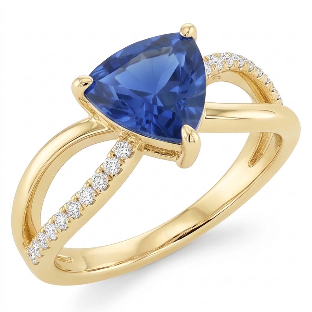 Ceylon Sapphire Gemstone Ring Trillion 1.50 Carats Split Shank Natural Earth Mined Diamond