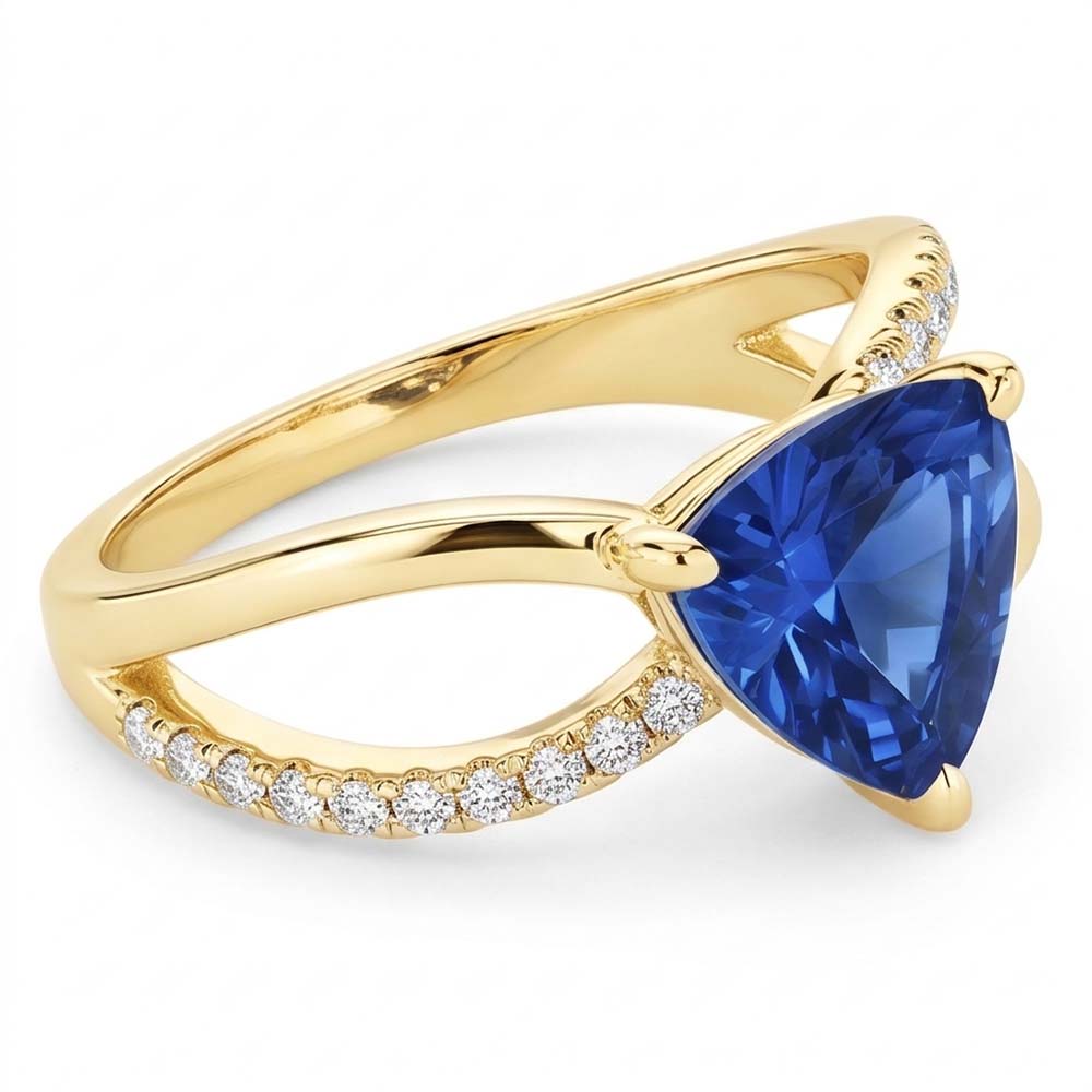 Ceylon Sapphire Gemstone Ring Trillion 1.50 Carats Split Shank Natural Earth Mined Diamond