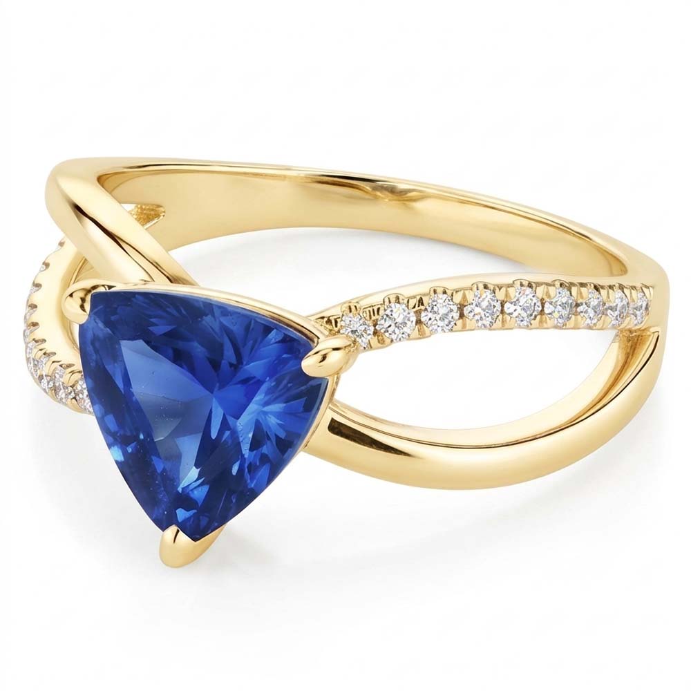 Ceylon Sapphire Gemstone Ring Trillion 1.50 Carats Split Shank Natural Earth Mined Diamond