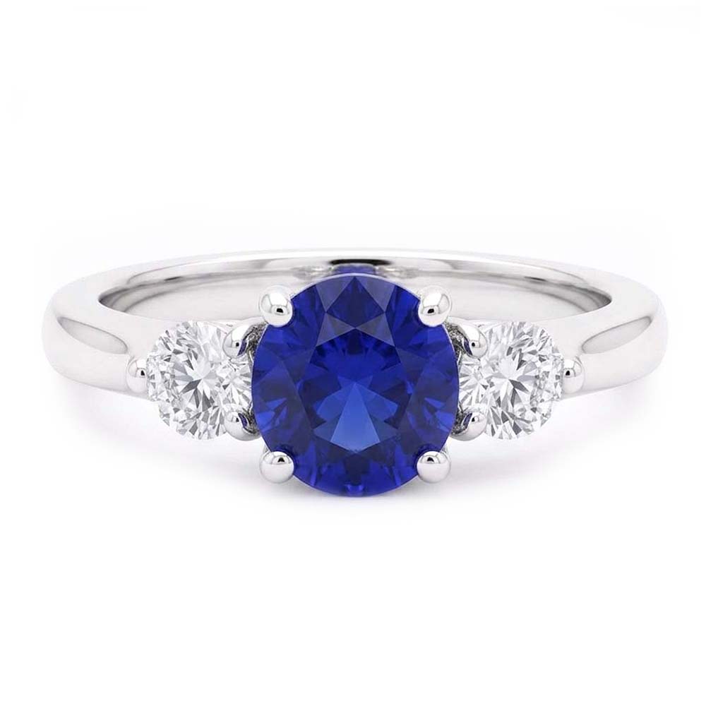 Ceylon Sapphire Gemstone Ring Women 3 Stone Round Natural Earth Mined Diamonds 2.50 Carats