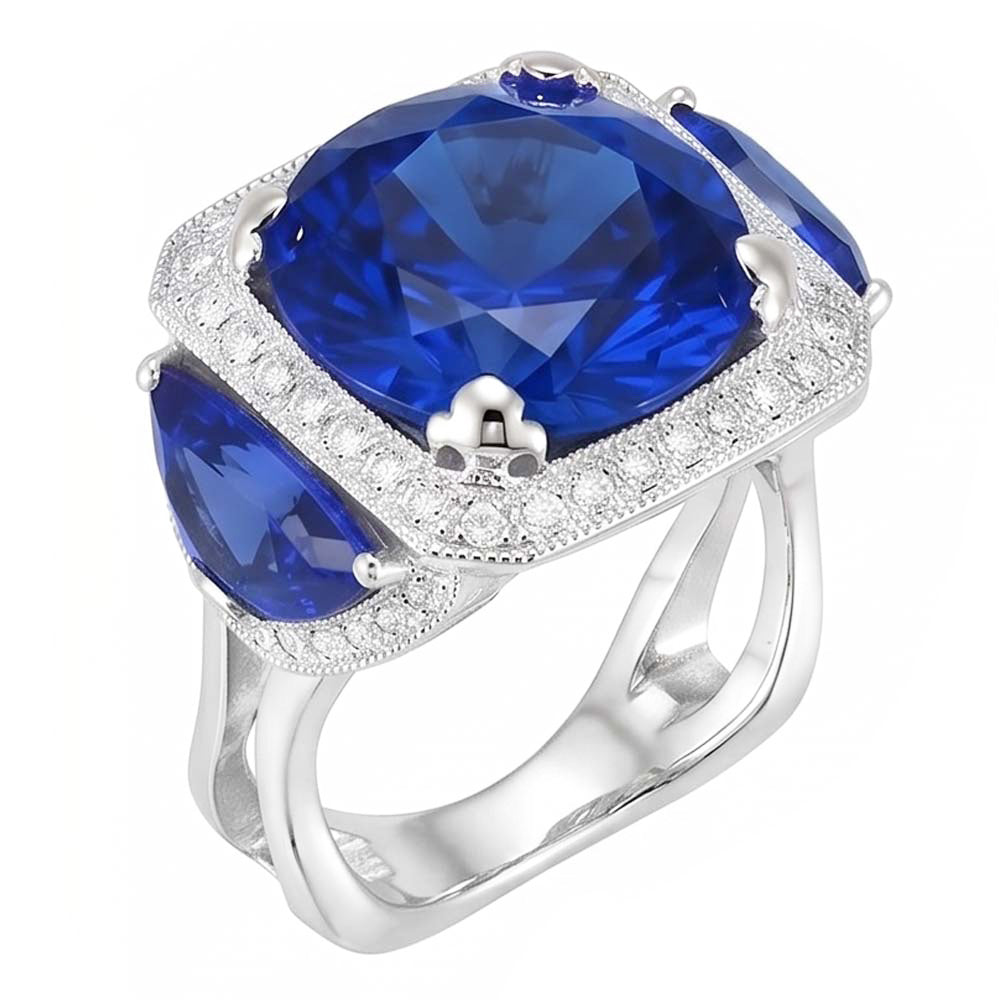 Ceylon Sapphire Gold Engagement Ring Round Natural Earth Mined Diamonds 6.01 Ct.