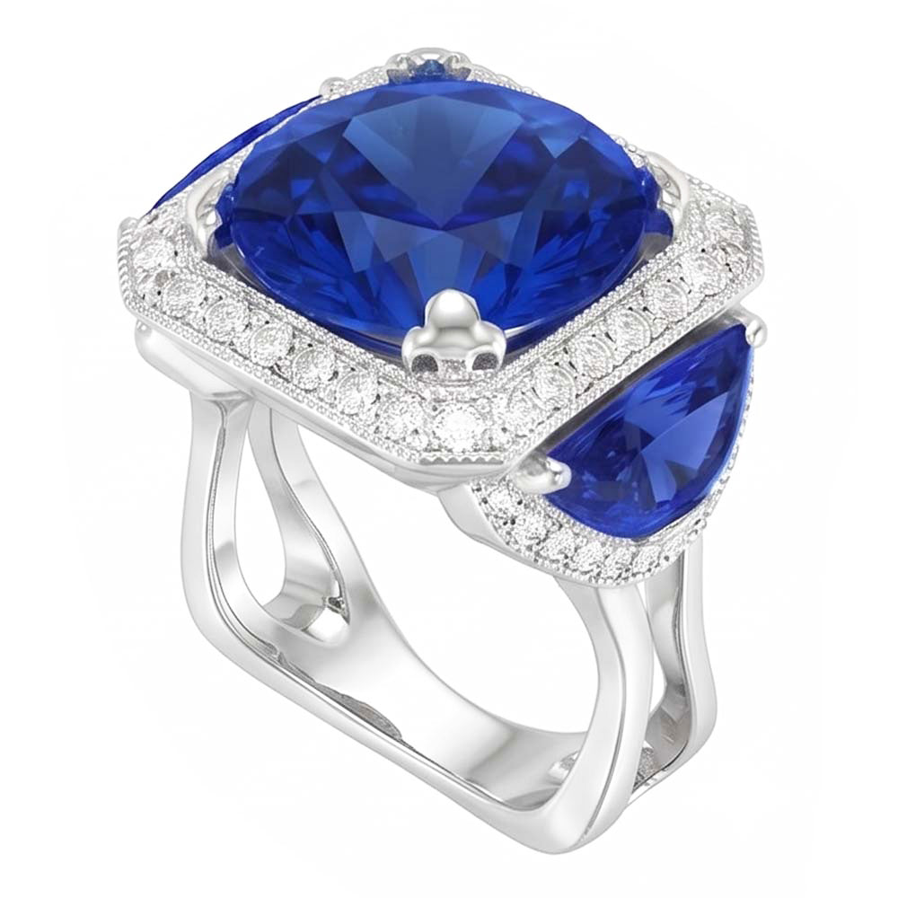 Ceylon Sapphire Gold Engagement Ring Round Natural Earth Mined Diamonds 6.01 Ct.