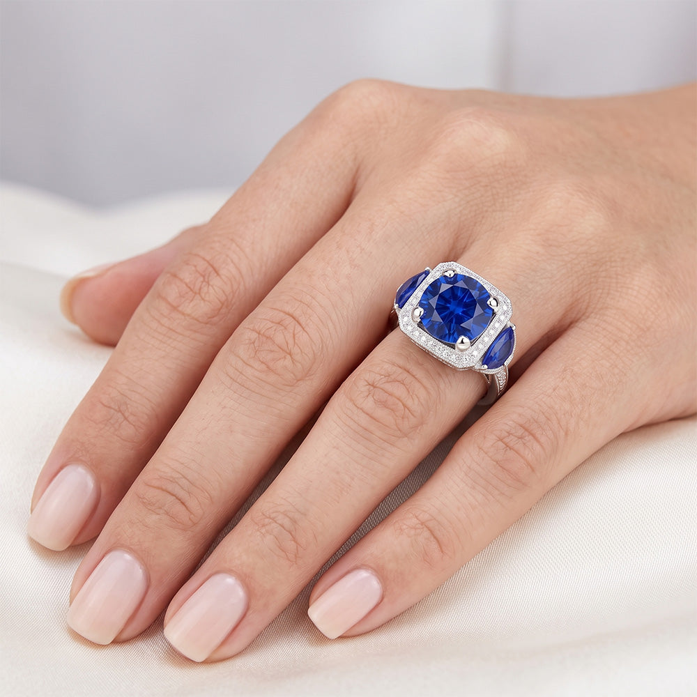Ceylon Sapphire Gold Engagement Ring Round Natural Earth Mined Diamonds 6.01 Ct.