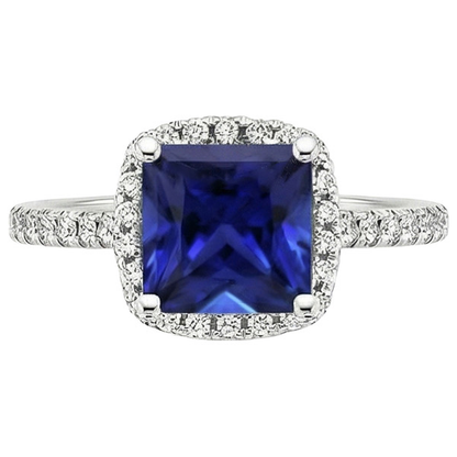 Ceylon Sapphire Halo Natural Earth Mined Diamond Ring 6 Carat Princess Cut With Accents