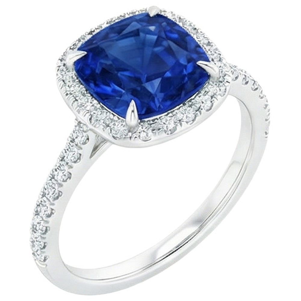 Ceylon Sapphire Halo Natural Earth Mined Diamonds Ring 4 Carats White Gold 14K New