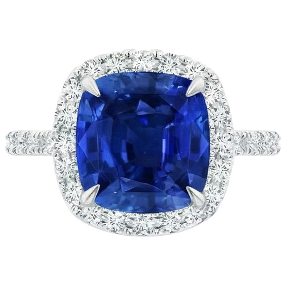 Ceylon Sapphire Halo Natural Earth Mined Diamonds Ring 4 Carats White Gold 14K New
