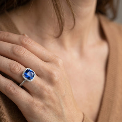 Ceylon Sapphire Halo Natural Earth Mined Diamonds Ring 4 Carats White Gold 14K New
