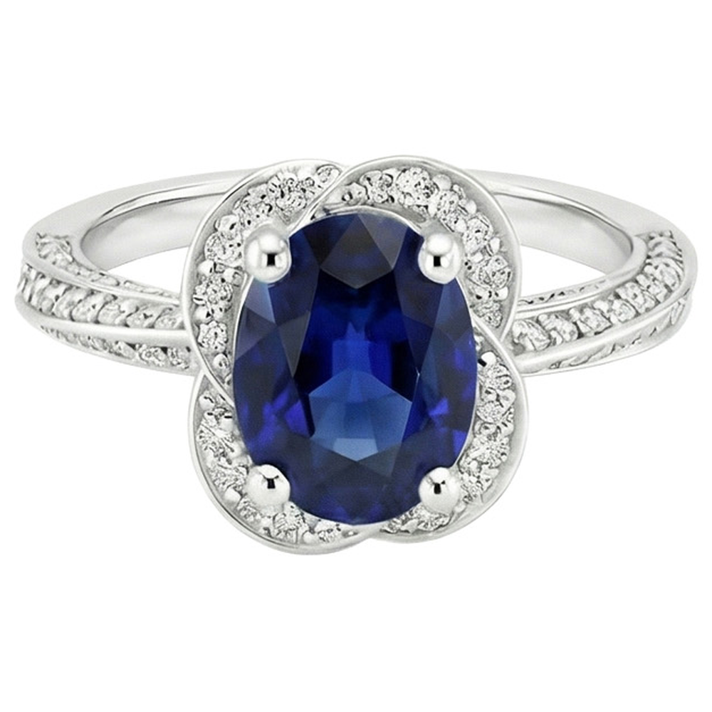 Ceylon Sapphire Halo White Gold Ring & Round Natural Earth Mined Diamonds 6 Carats