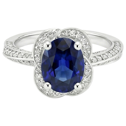 Ceylon Sapphire Halo White Gold Ring & Round Natural Earth Mined Diamonds 6 Carats