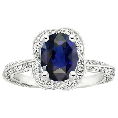 Ceylon Sapphire Halo White Gold Ring & Round Natural Earth Mined Diamonds 6 Carats