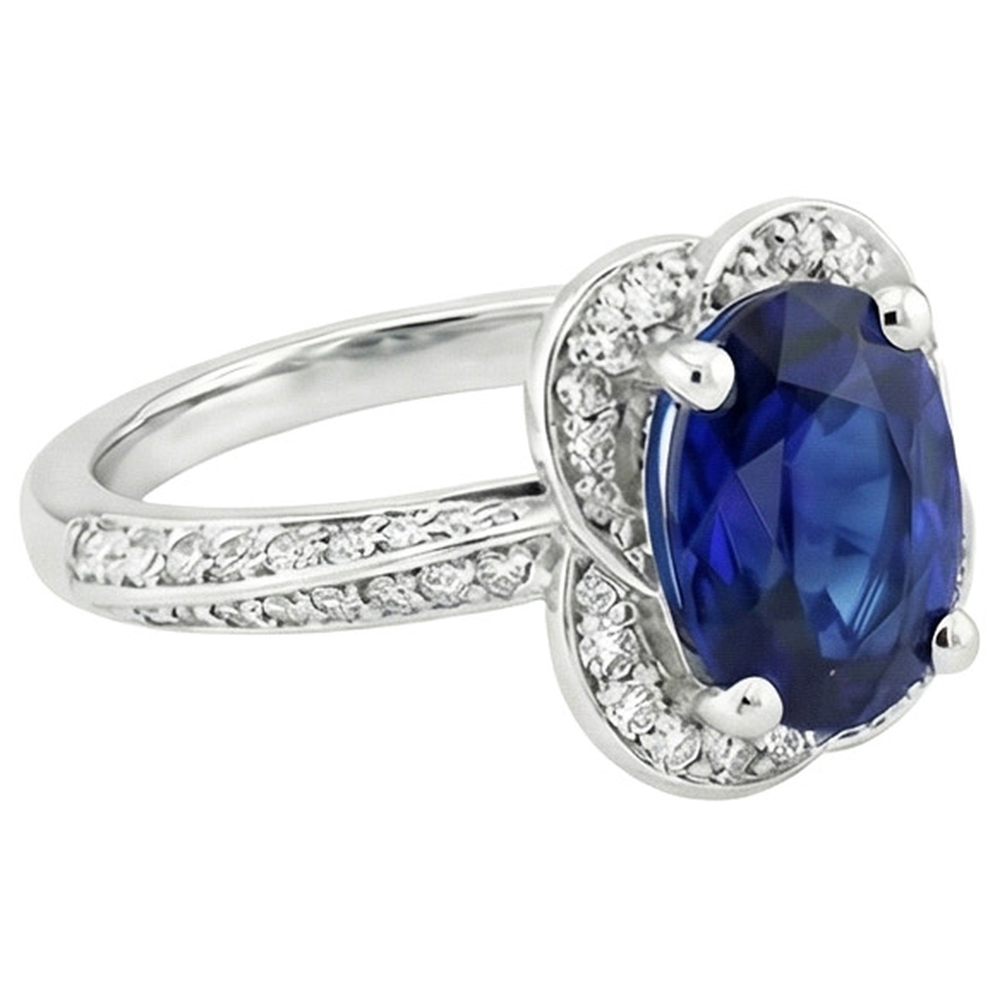 Ceylon Sapphire Halo White Gold Ring & Round Natural Earth Mined Diamonds 6 Carats