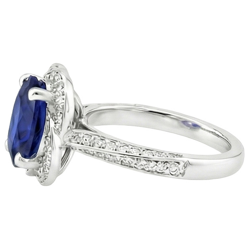 Ceylon Sapphire Halo White Gold Ring & Round Natural Earth Mined Diamonds 6 Carats