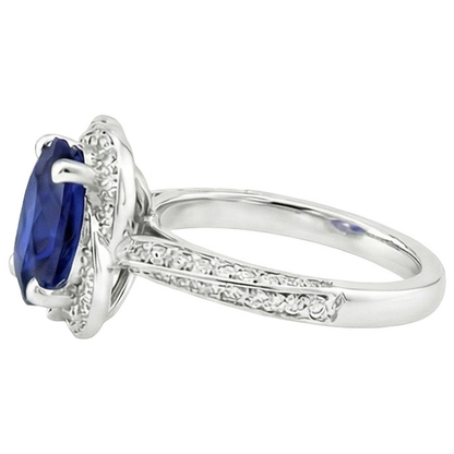 Ceylon Sapphire Halo White Gold Ring & Round Natural Earth Mined Diamonds 6 Carats