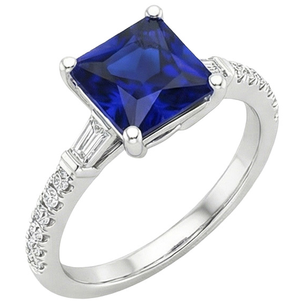 Ceylon Sapphire Natural Earth Mined Diamond Accents Ring Solitaire Princess Cut 5.50 Carat