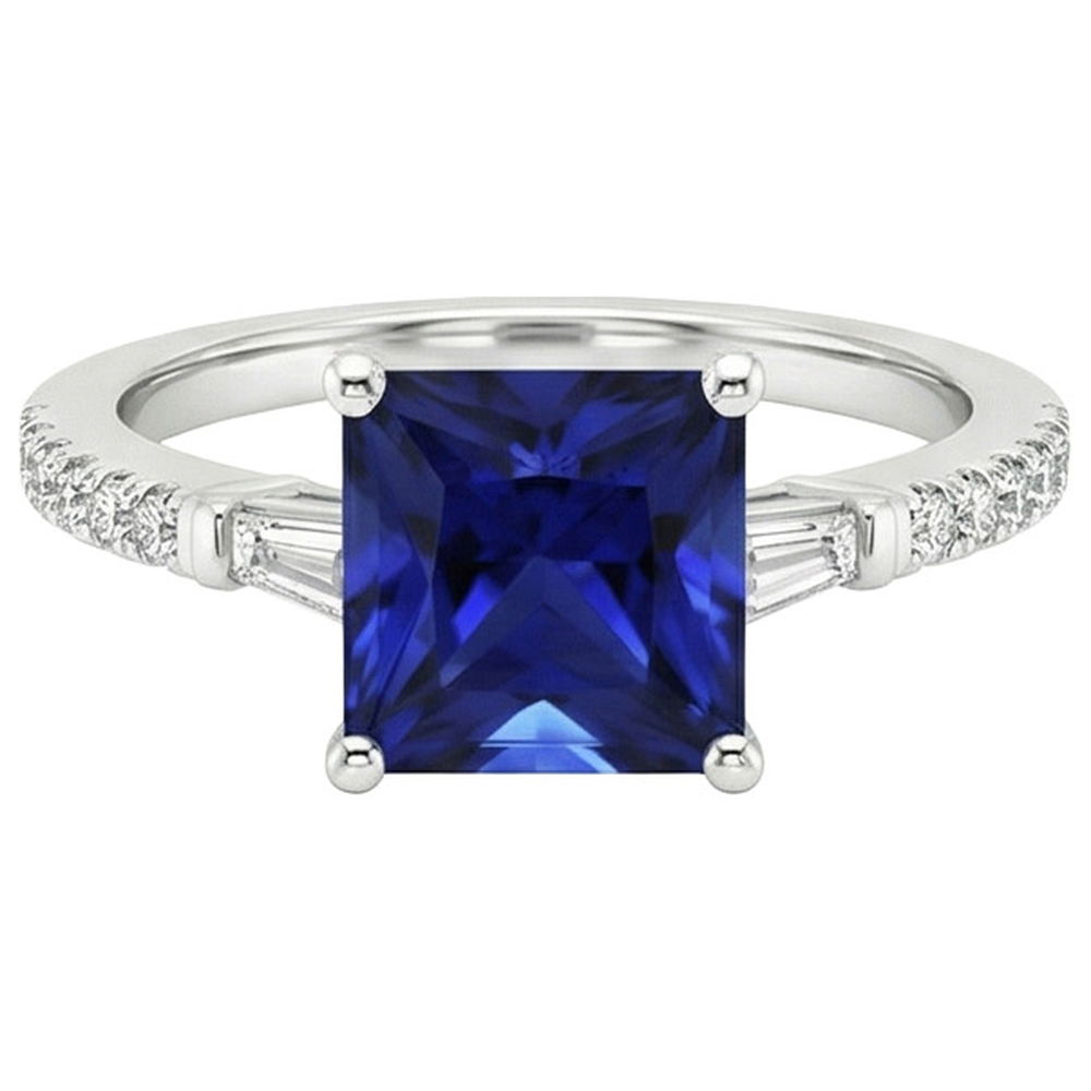 Ceylon Sapphire Natural Earth Mined Diamond Accents Ring Solitaire Princess Cut 5.50 Carat
