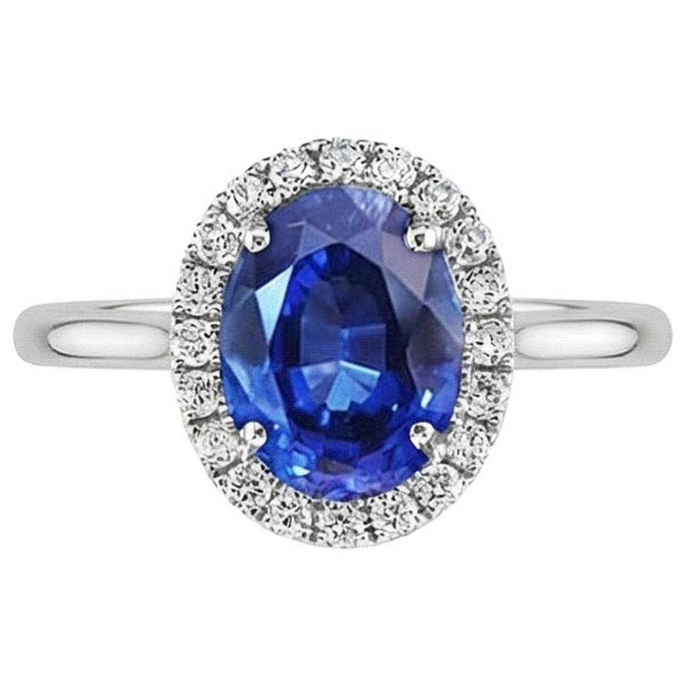 Ceylon Sapphire Oval With Natural Earth Mined Diamonds Ring 3 Ct White Gold 14K