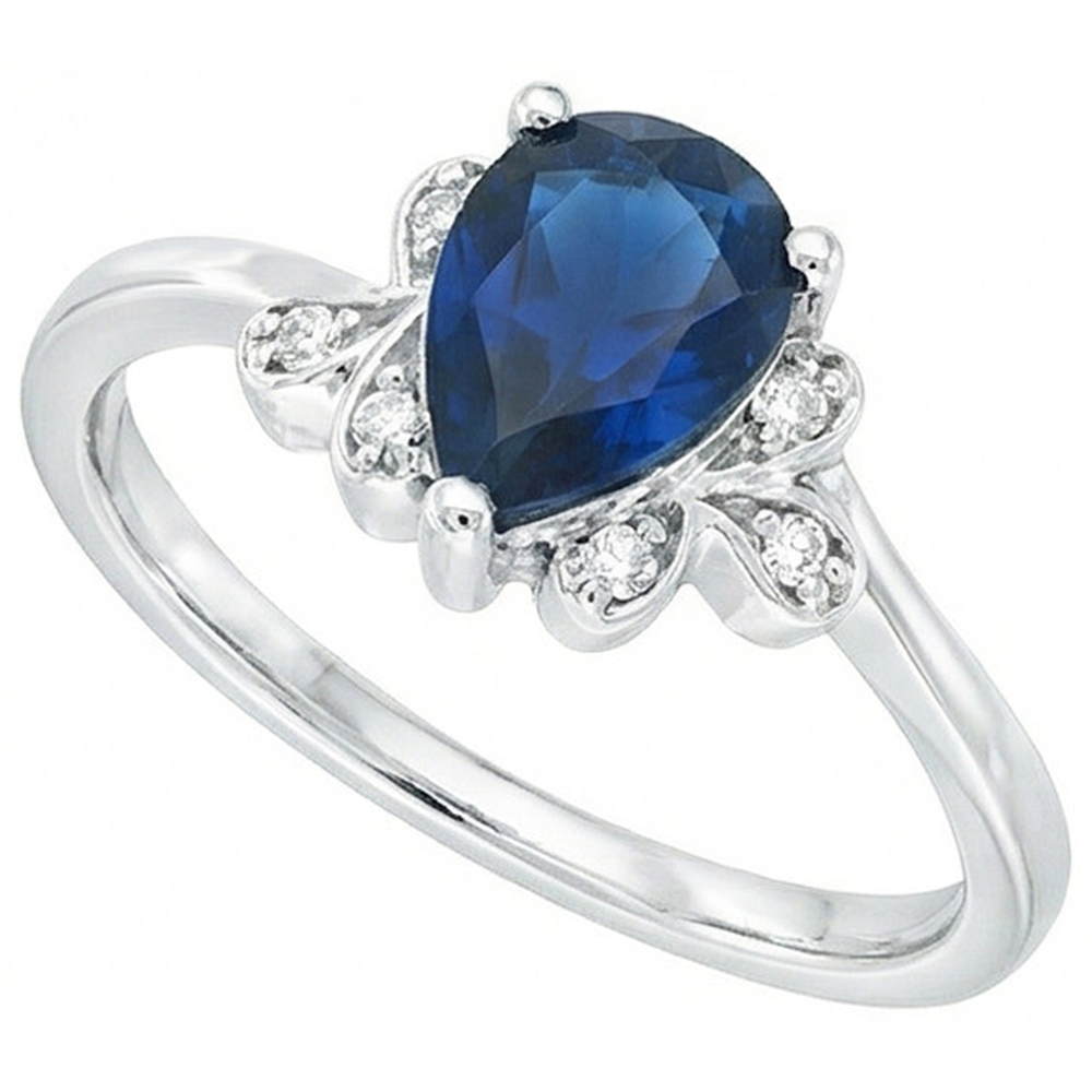 Ceylon Sapphire Pear Cut And Natural Earth Mined Diamonds Anniversary Ring 2.30 Ct 14K